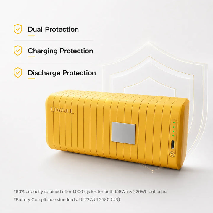 LIVALL PikaBoost 2 removable battery doubling as a USB-C power bank charging a phone at a cafe table